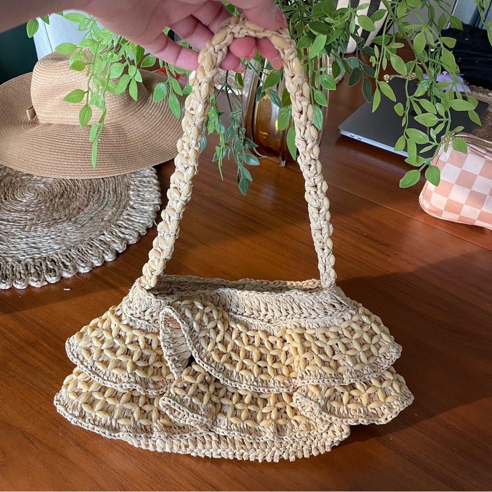 Raffia Beaded Ruffle Shoulder Bag